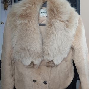 Rabbit jacket with fox collar beige nude, size 40